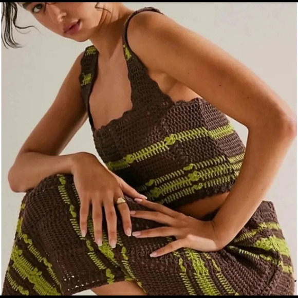 FREE PEOPLE Beach Cover up DONNI Sweater Set Crochet Skirt size small - Picture 2 of 11